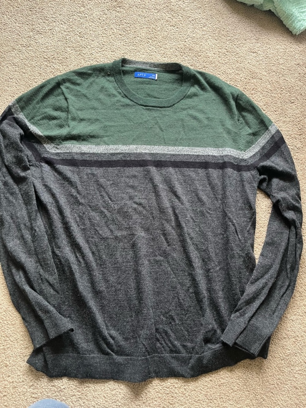 Apt. 9 Green and Charcoal Striped Men's Crewneck Sweater